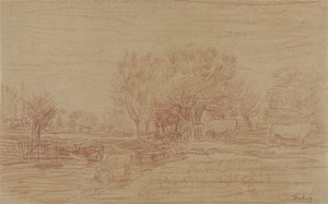 Paysage avec vaches paissant et buvant et un taureau observant - Charles Francois Daubigny