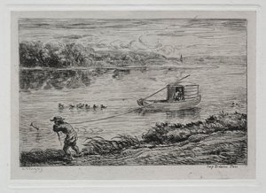 Le voyage en bateau : garçon de cabine tirant la corde, 1861 - Charles Francois Daubigny