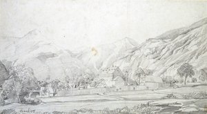 Vue de bâtiments dans une enceinte fortifiée avec des montagnes en arrière-plan, milieu du XIXe siècle