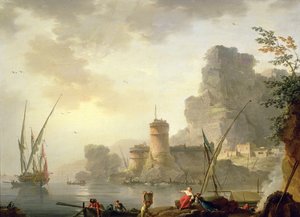 Scène de port méditerranéen au coucher du soleil - Charles Francois Lacroix de Marseille