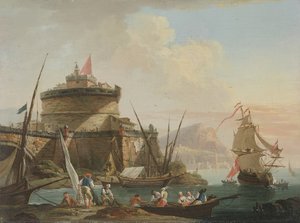 Scène de port au coucher du soleil - Charles Francois Lacroix de Marseille