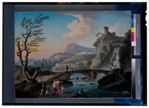 Un paysage fluvial avec des pêcheurs tirant leurs filets, un paysage rocheux et un pont au-delà - Charles François Grenier de Lacroix