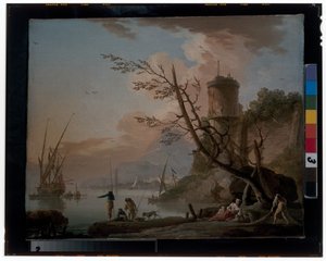 Hommes pêchant avec des femmes se reposant sous une tour