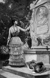 Mme Blanche Baretta (née en 1855) de la Comédie-Française, récitant les vers de M. François Coppée, devant le monument de Corot à Ville-d