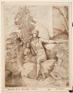 John Deare assis sur un rocher les jambes croisées, devant des arbres, avec son chapeau haut-de-forme à côté de lui