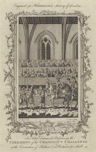 Sir John Dimmock Effectuant la Cérémonie du Défi des Champions lors du Couronnement de Richard II dans le Hall de Westminster, 1377 - Charles Grignion