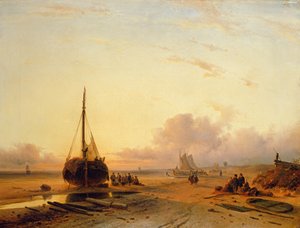 Scène de plage avec bateaux de pêche