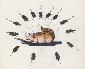 Chat glouton sur une assiette entouré de souris affamées - Charles Henry (after) Bennett