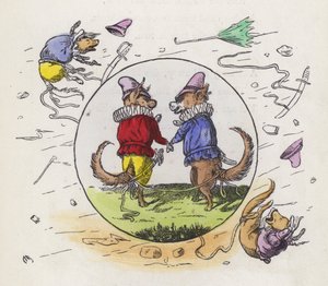 Deux chiens en costume Tudor se promenant un jour venteux avec leurs queues attachées ensemble pour éviter d