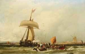 French : Vue de la côte hollandaise avec un voilier et des bateaux Dutch Coastal View with Sailing Ship and Boats