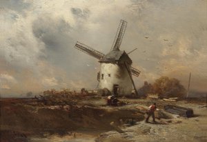Paysage avec moulin à vent et figures décoratives