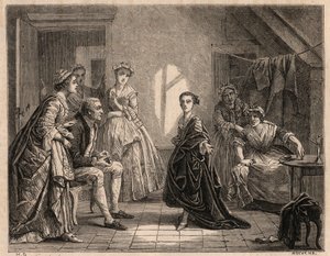 Enfance de Mademoiselle Clairon : la jeune Claire-Josephe Leris (1723-1803) récite les vers de la pièce qu