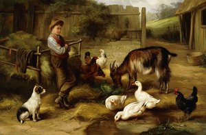 Un garçon avec de la volaille et une chèvre dans une cour de ferme, 1903 - Charles Hunt