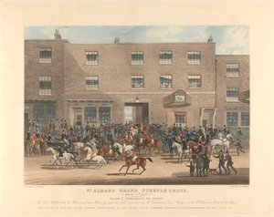 Courses de steeple-chase [ensemble de six] : Grand steeple-chase de St. Albans. / 8 mars 1832. Planche 1. Préparation au départ... - Charles Hunt