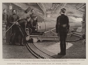 Exercice avec un canon à chargement par la culasse de 6 pouces à bord du HMS Conqueror