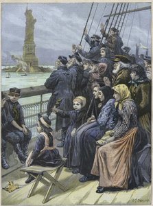 Immigrants juifs arrivant à New York, USA en 1892 - Réfugiés juifs de Russie passant devant la statue colossale dans le port de New York - gravure de Charles Joseph Staniland - « Arrivée des émigrants juifs à New York en 1892, illustration de Charles Josep