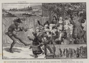 Célébration du sexcentenaire du Joueur de Flûte de Hamelin, Hanovre, les enfants suivant le joueur de flûte