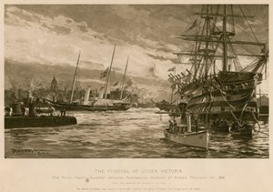 Les funérailles de la reine Victoria. Le yacht royal Alberta, transportant le corps de la reine, entrant dans le port de Portsmouth au coucher du soleil