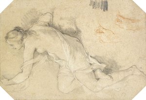 Une jeune femme nue assise de profil vers la gauche, levant le bras gauche, et deux études subsidiaires de sa main gauche
