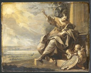 French : Figure féminine assise avec deux putti et paysage fluvial, grisaille Allegorical Female Figure with Two Putti - Charles Le Brun