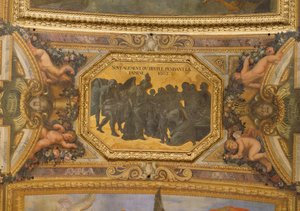 Aider les gens pendant la famine de 1662, peinture au plafond de la Galerie des Glaces - Charles Le Brun