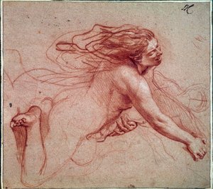 Femme nue à genoux. Dessin de Charles Lebrun