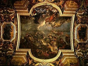 Vue du roi prenant Maastricht en treize jours en 1673 et le passage sur le Rhin en présence des ennemis en 1672, peinture au plafond de la Galerie des Glaces - Charles Le Brun