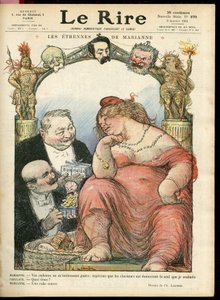 Illustration de Charles Leandre pour la couverture de Le Rire, 03/01/14 - Les étrennes de Marianne - Tribun - Clemenceau George, Jaurès Jean, Briand Aristide, Marianne, Caillaux Joseph - Charles Leandre