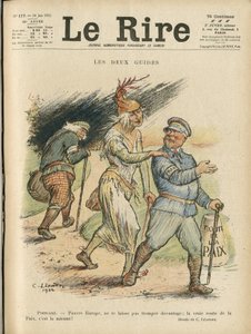 Illustration de Charles Leandre pour la couverture de Le Rire, 24/06/22 - Les deux guides - Angleterre Grande-Bretagne, Europe, Président de la République, Paix, Chapeau - Poinsare Raymond, David Lloyd George