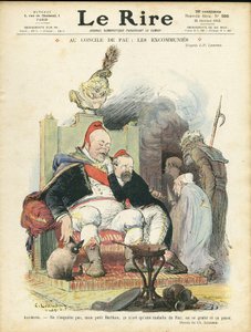 Illustration de Charles Léandre (1862-1934) pour la Couverture de Le Rire, 25/10/13 - Au Conseil de Pau : les excommuniés - Religion Foi, Président de la République, Chapeau, Fauteuil (symbole du pouvoir) - Combes Émile (1835-1921), Marianne, Poincaré Raym - Charles Leandre