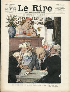 Illustration de Charles Léandre (1862-1934) dans Le Lire, 06/08/21 - Pendant ce temps à Washington - Élections, Président de la République - Marianne, Fallières Armand, Poincaré Raymond, Deschanel Paul - Jeu de cartes - Charles Leandre