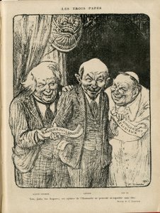 Illustration de Charles Léandre (1862-1934) dans Le Rire, 03/06/22 - Les Trois Papes - Angleterre Grande-Bretagne, U.R.S.S., Vérifier dates, Reichstag - Lénine, Lloyd George, Pie XI - Charles Leandre