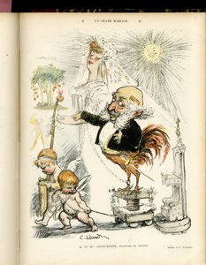 Illustration de Charles Léandre (1862-1934) dans Le Rire, 22/10/04 - Un grand mariage - Mariage - Coq, Meyer Arthur - Animalisation - Charles Leandre