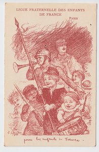 Carte postale, Satirique en Couleurs : Ligue fraternelle des enfants de France - Guerre de 14-18, Enfance, Journées patriotiques Illustration de Charles Léandre (1862-1934) - Charles Leandre