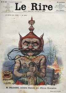 Théophile Delcassé (1852-1923), homme politique français - Le Gotha du "Rire", No. XXXVI, M. Delcassé, ministre des Affaires étrangères siamois - Caricature de Charles Léandre - (6 décembre 1902)