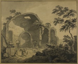 Ruines romaines avec deux paysans en conversation au premier plan