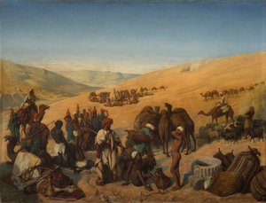 Halte des caravanes aux puits de Saba Beersheba dans le désert au sud de Hébron, 1850 - Charles Louis Fredy de Coubertin