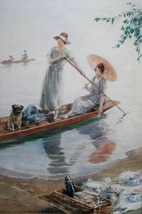Deux filles avec leur carlin de compagnie retournant à leur pique-nique - Charles MacIvor or MacIver Grierson