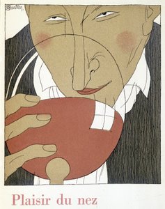 Plaisir du nez - dans « Monseigneur le vin », dessin de Charles Martin (1884-1934), fascicule des Établissements Nicolas - Charles Martin