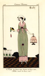 Femme en robe de lin rayée tenant un oiseau et une cage - Charles Martin