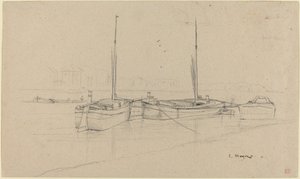 Bateaux sur la rivière avec des mâts
