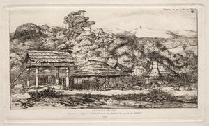 Granges et huttes indigènes à Akaroa, Péninsule de Banks, 1845