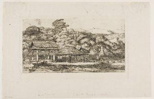 Granges et huttes indigènes à Akaroa, péninsule de Banks, 1845 - Charles Meryon