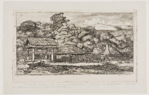 Granges et huttes indigènes à Akaroa, péninsule de Banks, 1845 - Charles Meryon
