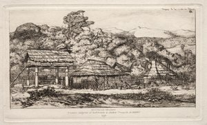 Granges et huttes indigènes à Akaroa, péninsule de Banks, 1845, 1865