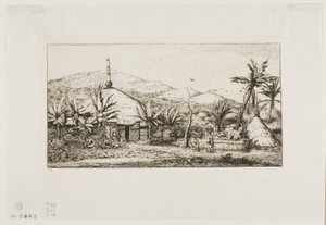 Nouvelle-Calédonie : Grande Hutte Native sur la Route de Balade à Puépo, 1845 - Charles Meryon