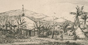 Nouvelle-Calédonie : grande case indigène sur le chemin de balade à Poepo, illustration de "Gravure du Pacifique...", 1863 - Charles Meryon