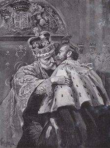 Le roi Édouard VII embrassant son fils, le prince de Galles, lors du couronnement du roi, abbaye de Westminster, Londres