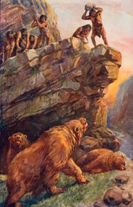 Hommes préhistoriques attaquant les grands ours des cavernes - Charles Mills Sheldon
