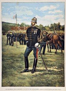 Le Régiment du Feu a le magazine Longchamps (Portrait du Colonel Couston), illustration par Charles Morel (1861-1908). Gravure de 1887 dans « Paris-Illustrous journal weekly » - Charles Morel